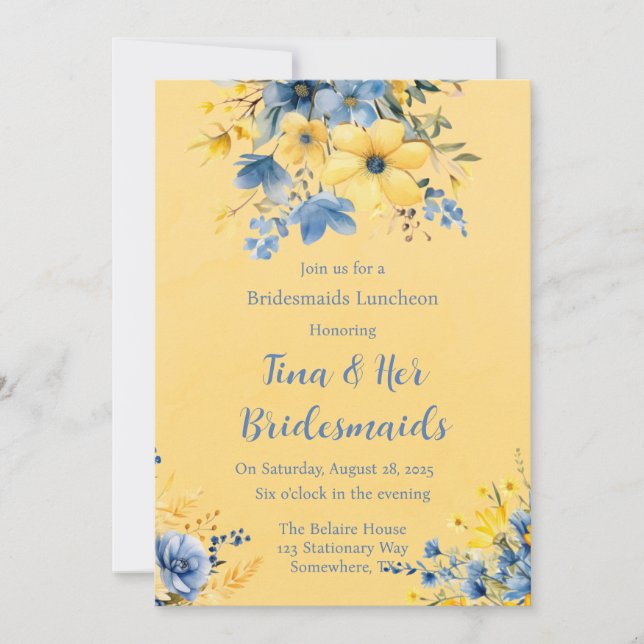 Invitación Amarillo azul Peony Watercolor Bridesmaids Luncheo (Anverso)
