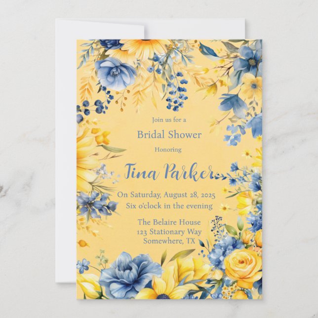 Invitación Amarillo azul Peony Watercolor Brillante (Anverso)