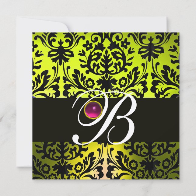 Invitación AMARILLO BLACK DAMASK MONOGRAM PURPLE Amethyst (Anverso)