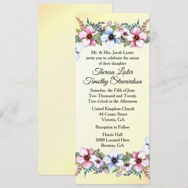Invitación amarillo Boda floral (Anverso / Reverso)