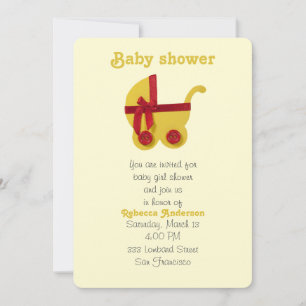 Invitación Amarillo brillante, cochecito rojo para bebé con d