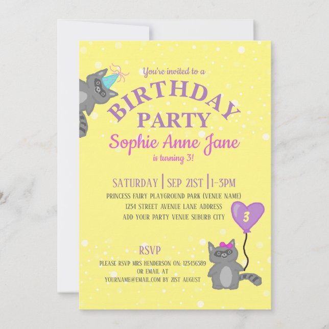 Invitación Amarillo de cumpleaños de los niños (Anverso)
