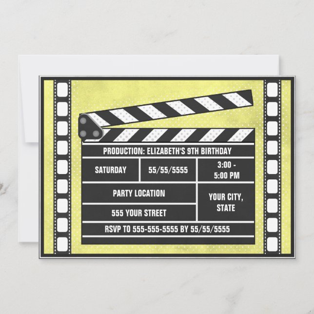 Invitación Amarillo de la fiesta de cumpleaños de la película (Anverso)