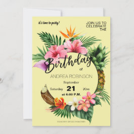 Invitación Amarillo de la fiesta de cumpleaños floral tropica