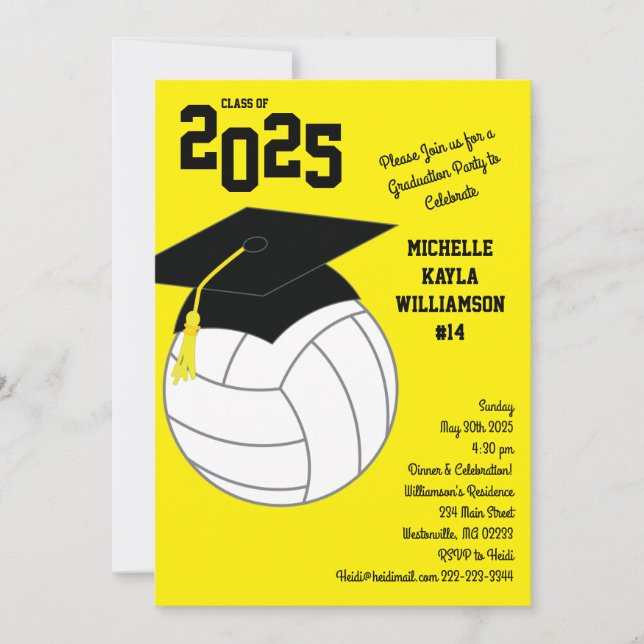 Invitación Amarillo de los deportes de graduación de voleibol (Anverso)