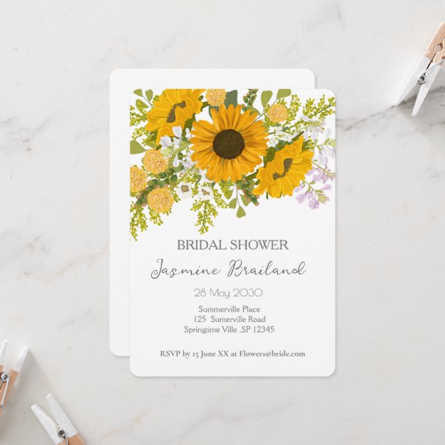 Invitación Amarillo de los girasoles modernos Bouquet Bridal  (Anverso/Reverso In Situ)