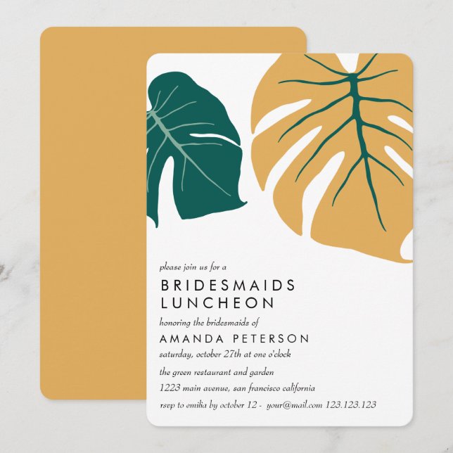 Invitación Amarillo de Monstera | Novias Boda de Luncheon (Anverso / Reverso)