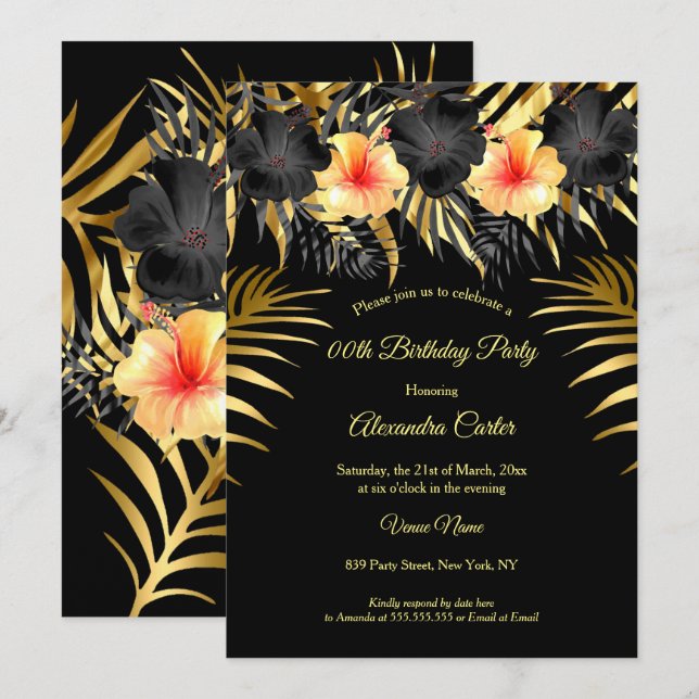 Invitación amarillo dorado negro Hibiscus Fiesta floral tropi (Anverso / Reverso)