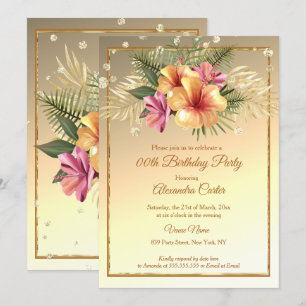 Invitación Amarillo dorado Rosa Sepia Hibisco Fiesta de Cumpl
