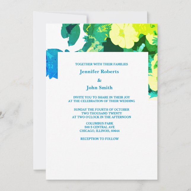 Invitación Amarillo Floral Azul Verde Hojas Azul Boda Persona (Anverso)