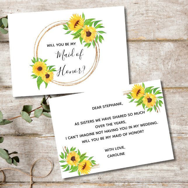 Invitación Amarillo floral de girasoles te dará honores (Sunflowers Will You Be My Maid of Honor Card. Printed or Digital Instant download)