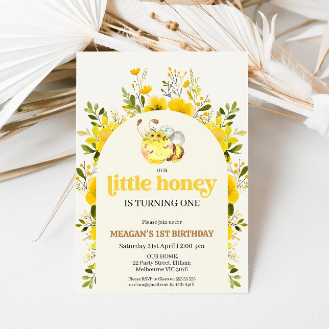 Invitación Amarillo floral Nuestra Abeja Miel Primer Cumpleañ (Bee 1st Birthday Invitation Template, Yellow Floral Bee Birthday Invite, Our Little Honey Invite)