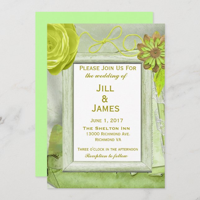 Invitación Amarillo floral y Boda verde (Anverso / Reverso)