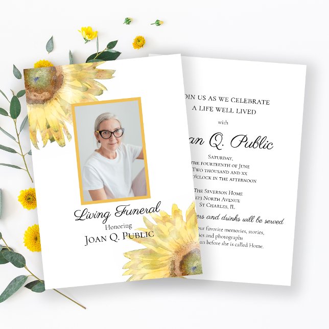 Invitación Amarillo girasol color de agua Fiesta del funeral  (Subido por el creador)