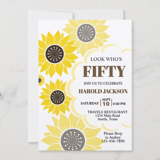 Invitación Amarillo girasol Cualquier cumpleaños de edad (Anverso)