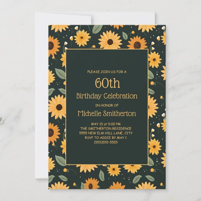 Invitación Amarillo girasol Negro 60 cumpleaños (Anverso)