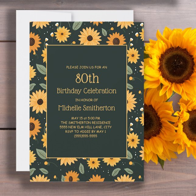 Invitación Amarillo girasol Negro 80 cumpleaños (Cute sunflowers on black 80th birthday party invitation for women.)