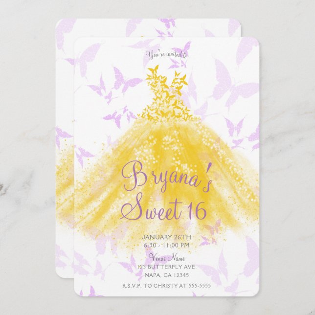 Invitación Amarillo Lilac Mariposa Baile Dress Dress Sweet 16 (Anverso / Reverso)