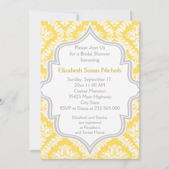Invitación Amarillo limón, ducha de novia de damasco gris (Anverso)