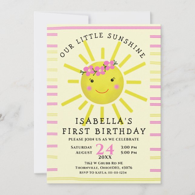 Invitación Amarillo lindo Nuestro pequeño sol Fiesta de cumpl (Anverso)