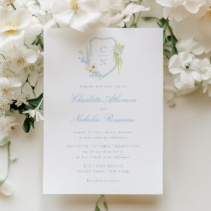 Invitación Amarillo Mantequilla Azul Floral Monograma Cresta 