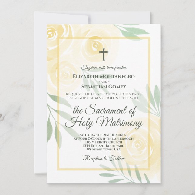 Invitación Amarillo Mantequilla Boho Chic Rosas Boda Católica (Anverso)