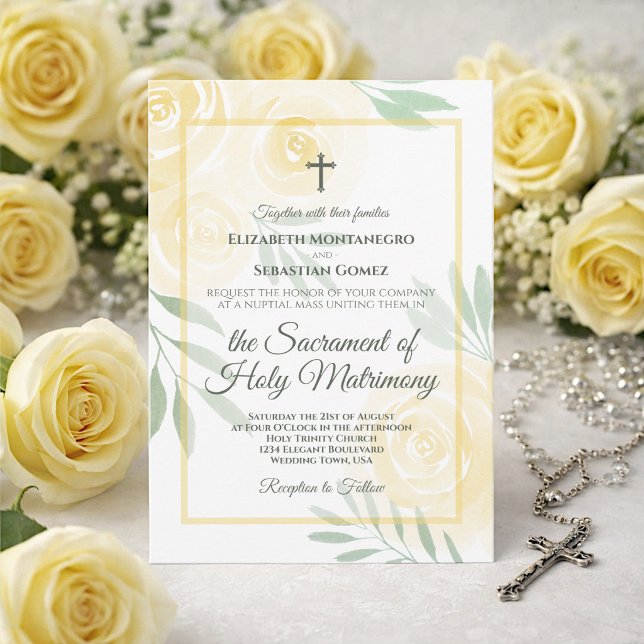 Invitación Amarillo Mantequilla Boho Chic Rosas Boda Católica (Subido por el creador)