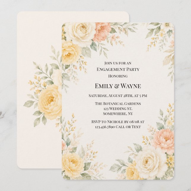 Invitación Amarillo Mantequilla Melocotón Marfil Floral Compr (Anverso / Reverso)