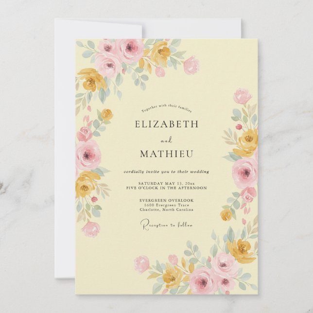 Invitación Amarillo Mantequilla Prado Artístico Boda (Anverso)