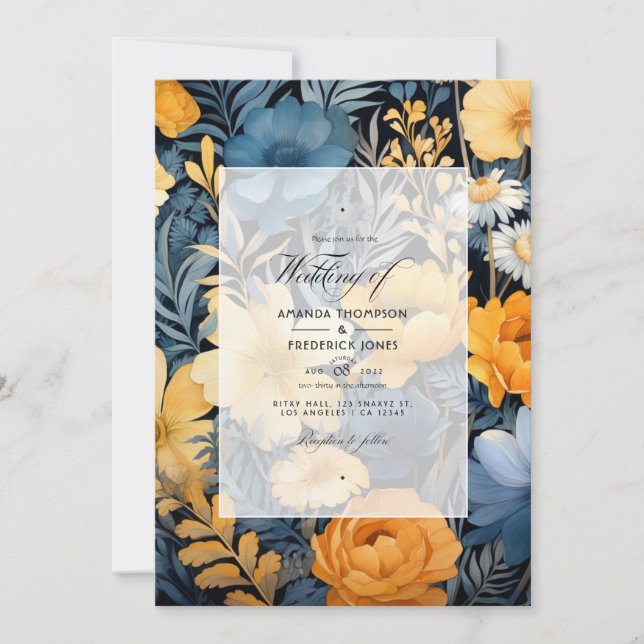 Invitación Amarillo marino, azul marino y Boda gris pizarra (Anverso)