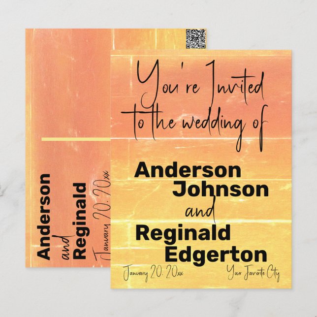 Invitación Amarillo Melocotón de Dos Lados para Ca (Anverso / Reverso)