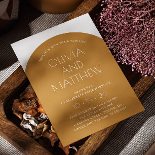 Invitación Amarillo mostaza tipografía moderna arco de boda +