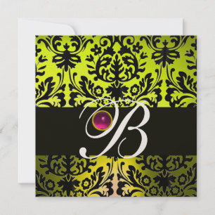 Invitación AMARILLO NEGRO DAMASCO MONOGRAMA ROSA PÚRPURA Amat