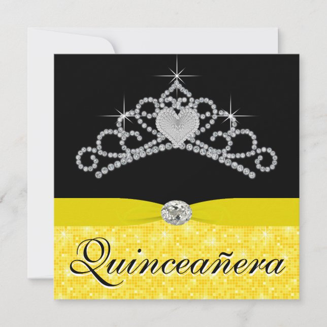 Invitación Amarillo negro Tiara Quinceanera amarillo negro (Anverso)
