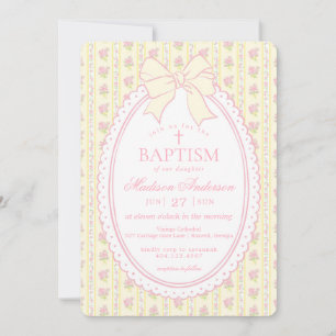 Invitación Amarillo Pastel Floral Antiguo Elegante Bautizo