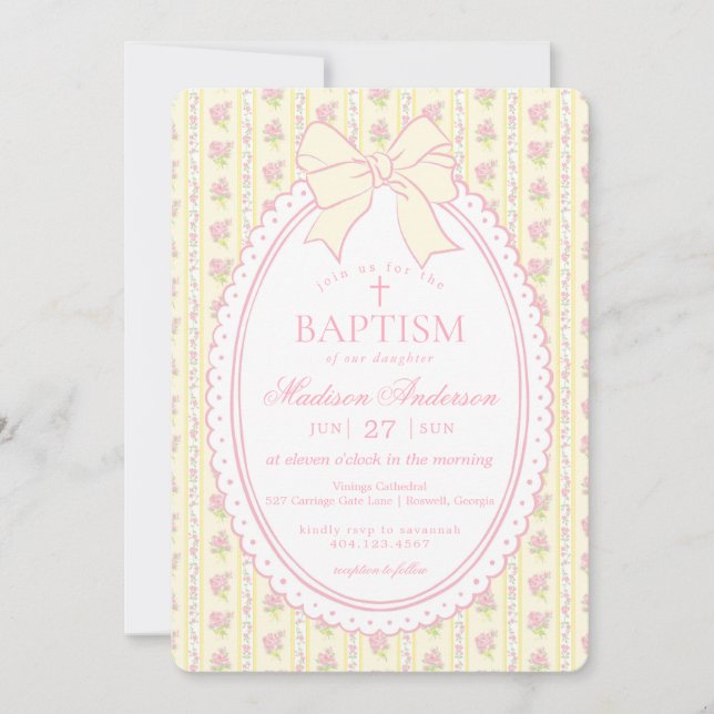 Invitación Amarillo Pastel Floral Antiguo Elegante Bautizo (Anverso)