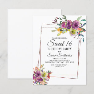 Invitación Amarillo Purpura Floral Geométrico Sweet 16 Acuare