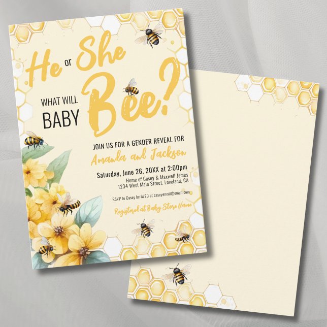 Invitación Amarillo: ¿Qué hará la bebé, bebe, Fiesta de revel (Yellow What Will Baby BEE Gender Reveal Party Invitation)