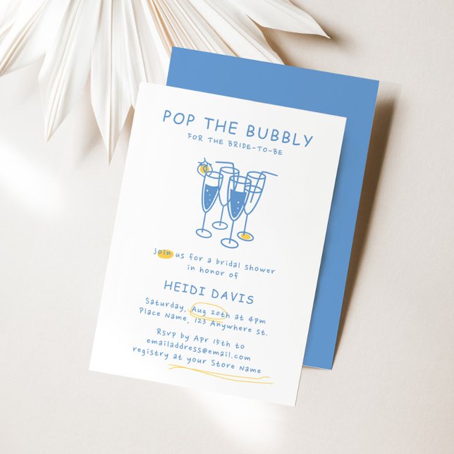 Invitación Amarillo retro y azul pop La burbuja de la ducha d (Retro Yellow & Blue Pop The Bubbly Bridal Shower Invitation)