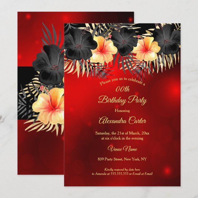Invitación amarillo rojo negro Hibiscus Fiesta floral tropica (Anverso / Reverso)