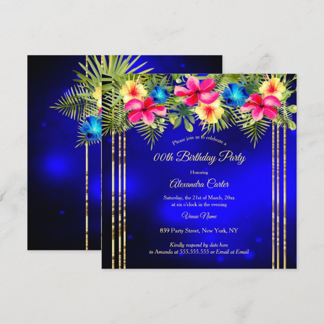 Invitación amarillo rosa azul Hibiscus Fiesta floral tropical (Anverso / Reverso)