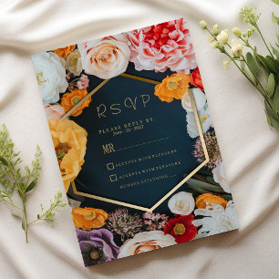 Invitación amarillo rosa azul marino oro floral RSVP de prima