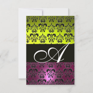 Invitación AMARILLO ROSA PURPLE NEGRO DAMASK MONOGRAM fuchsia