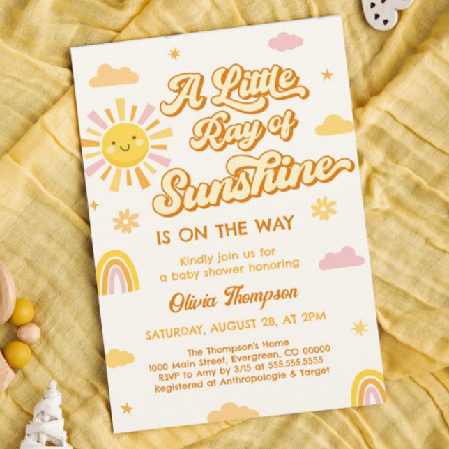 Invitación Amarillo rosa Un pequeño rayo de sol Baby Shower (Subido por el creador)