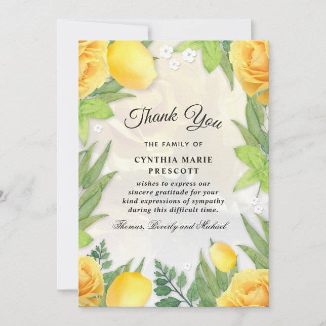 Invitación Amarillo Rose Garden Green Floral Simpatía Gracias (Anverso)