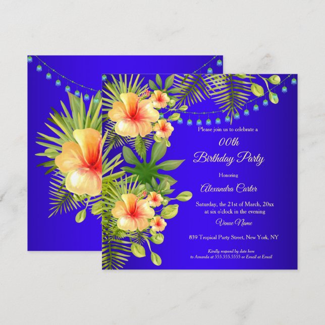 Invitación Amarillo tropical azul Hibiscus floral Cumpleaños (Anverso / Reverso)