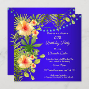 Invitación Amarillo tropical azul Hibiscus floral Cumpleaños
