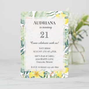 Invitación Amarillo Tropical Hibiscus Floral Leaves Cumpleaño