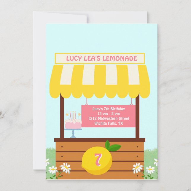 Invitación Amarillo, verano, Lemonade Stand Fiesta Cumpleaños (Anverso)