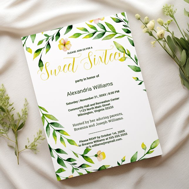 Invitación Amarillo verde moderno al aire libre floral Sweet  (Modern green yellow outdoors floral Sweet Sixteen )
